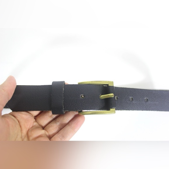 Unisex Black Leather Belt, Size Medium Large Brass and Leather Buckle Dress Belt - Picture 6 of 7